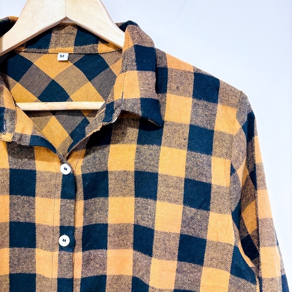 Yellow & brown plaid flannel shirt | Cozy button-down | Medium - Picture 4 of 7